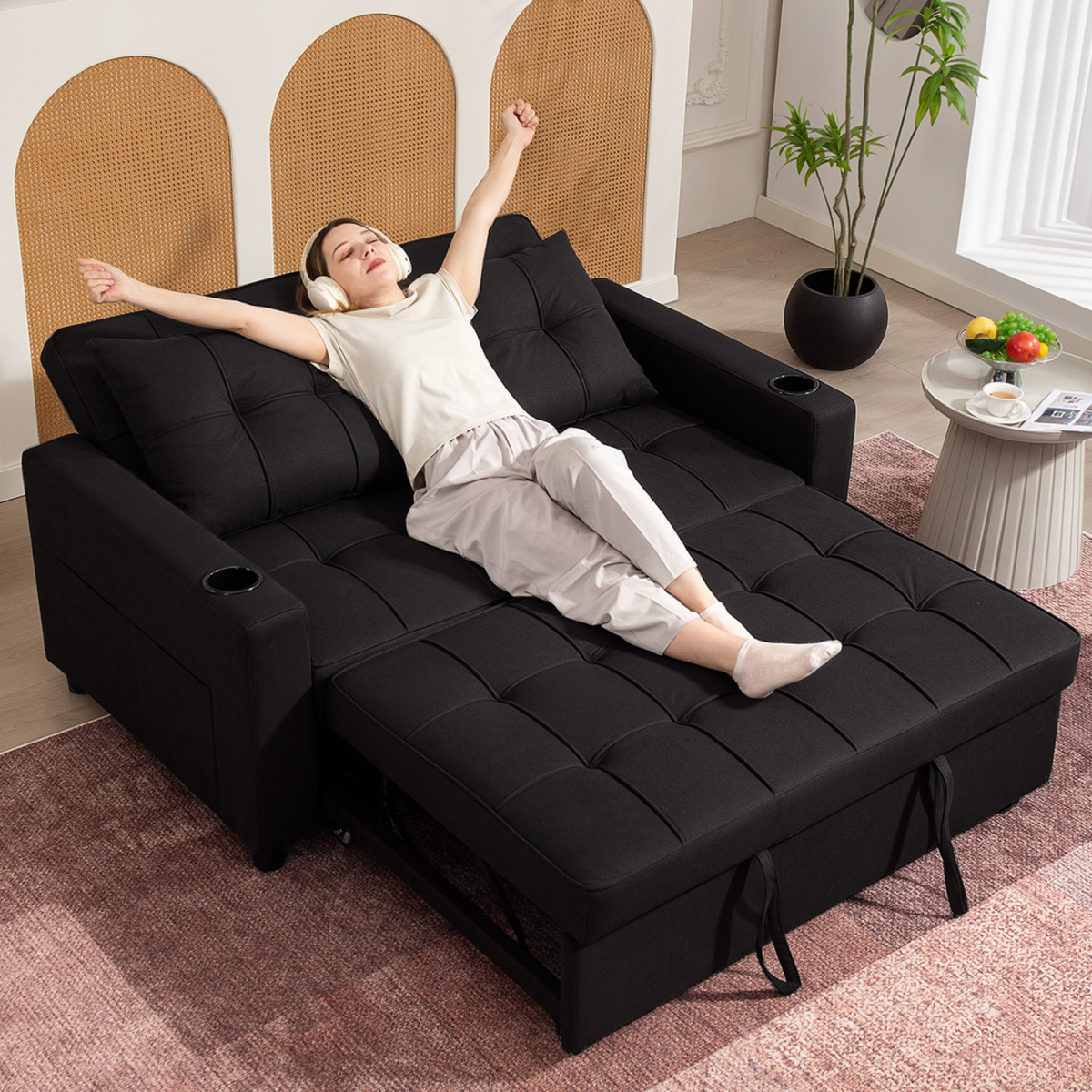 HOMCOM 2 Seater Pull Out Sofa Bed with Pockets | Beige 3-in-1 Convertible Sofa