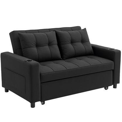 HOMCOM 2 Seater Pull Out Sofa Bed with Pockets | Beige 3-in-1 Convertible Sofa