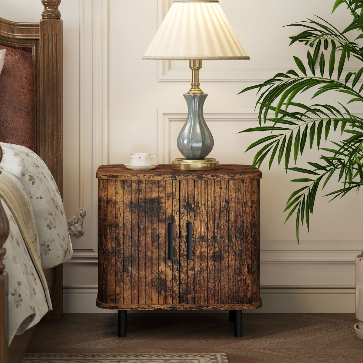 HOMCOM Nightstand with Sliding Doors and Metal Legs for Bedroom Grey