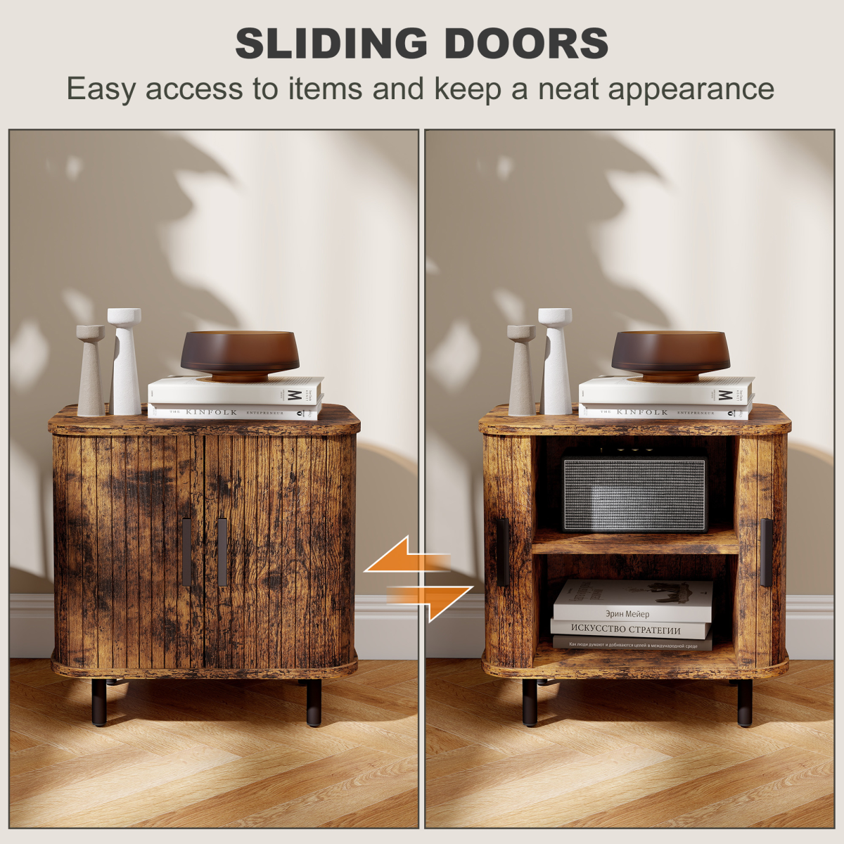 HOMCOM Nightstand with Sliding Doors and Metal Legs for Bedroom Grey