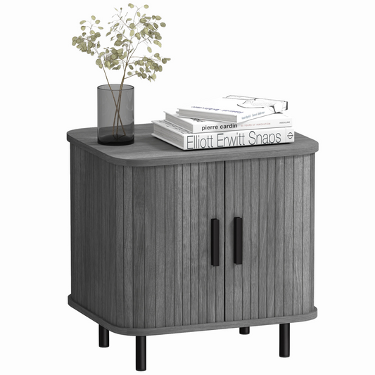InStock HOMCOM grey or brown bedside table with sliding doors, modern wooden design, suitable for bedroom or living room decor.