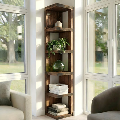 Valora solid wood corner bookshelf in walnut finish by Tribe Joinery, featuring a rustic open bookcase design with multiple shelves.