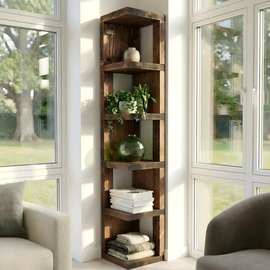 Valora solid wood corner bookshelf in walnut finish by Tribe Joinery, featuring a rustic open bookcase design with multiple shelves.