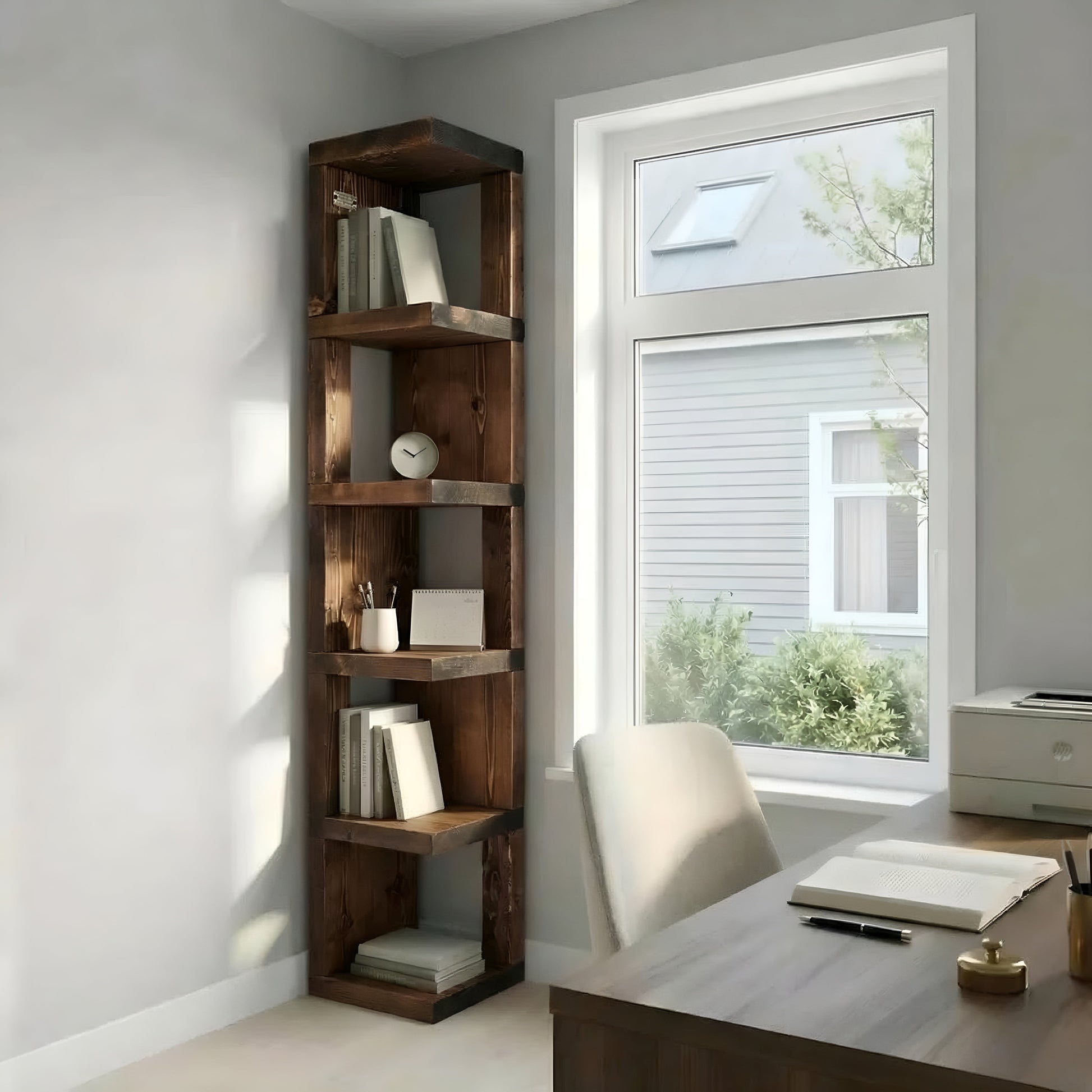 Valora solid wood corner bookshelf in walnut finish with open rustic design, showcasing multiple shelves for storage.