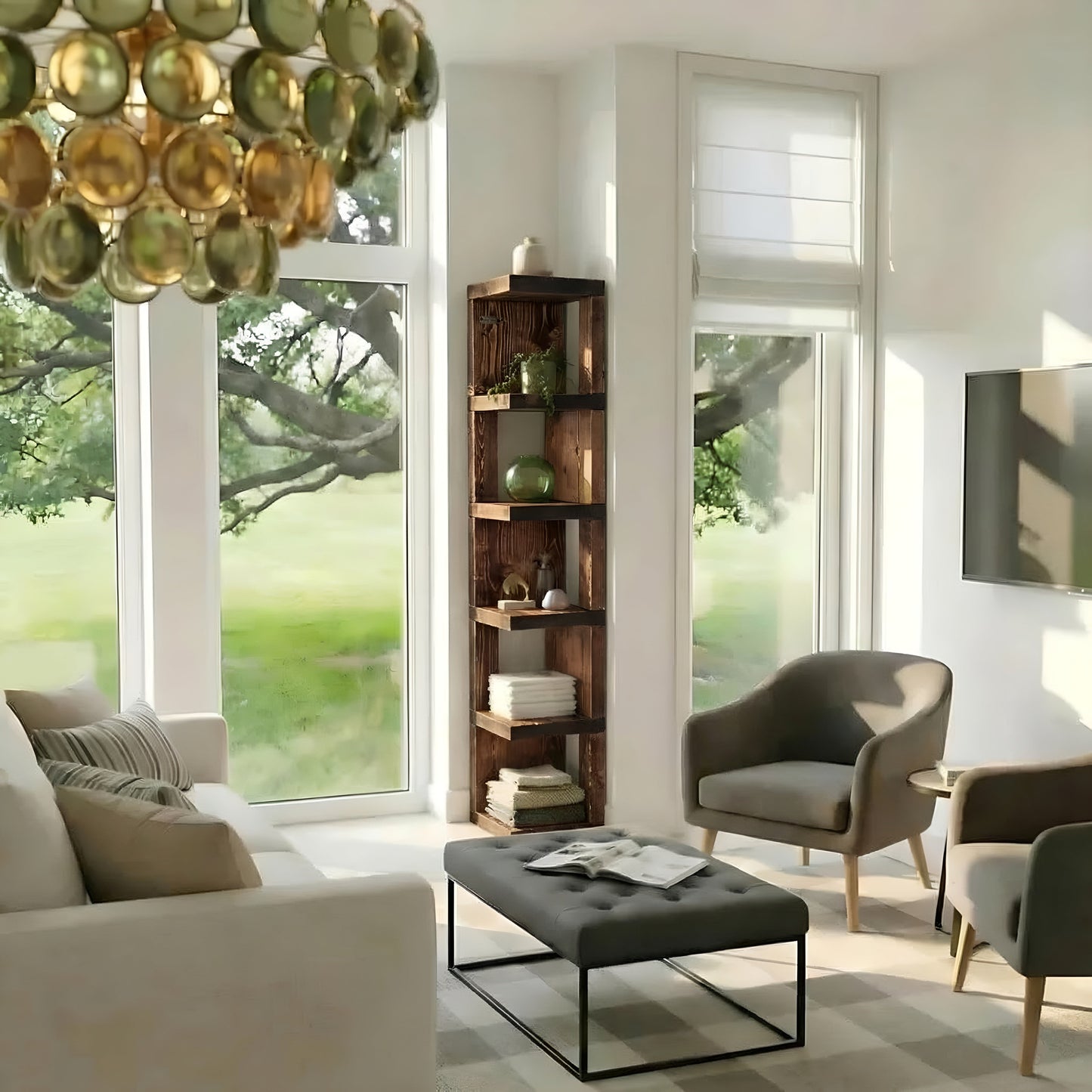 Valora solid wood corner bookshelf in walnut with rustic open shelves, showcasing natural wood grain and sturdy construction.
