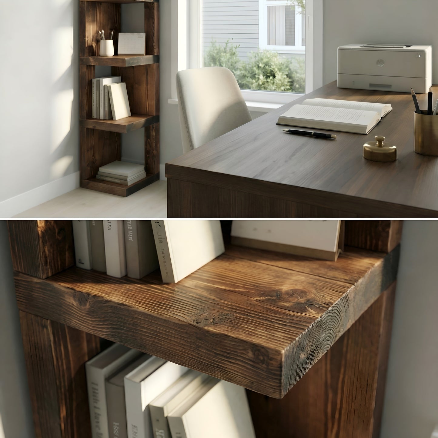 Rustic walnut Valora solid wood corner bookshelf by Tribe Joinery with open shelves and a natural wood finish.