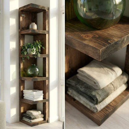Valora solid wood corner bookshelf by Tribe Joinery in walnut color, open rustic design with multiple shelves for books and decor.