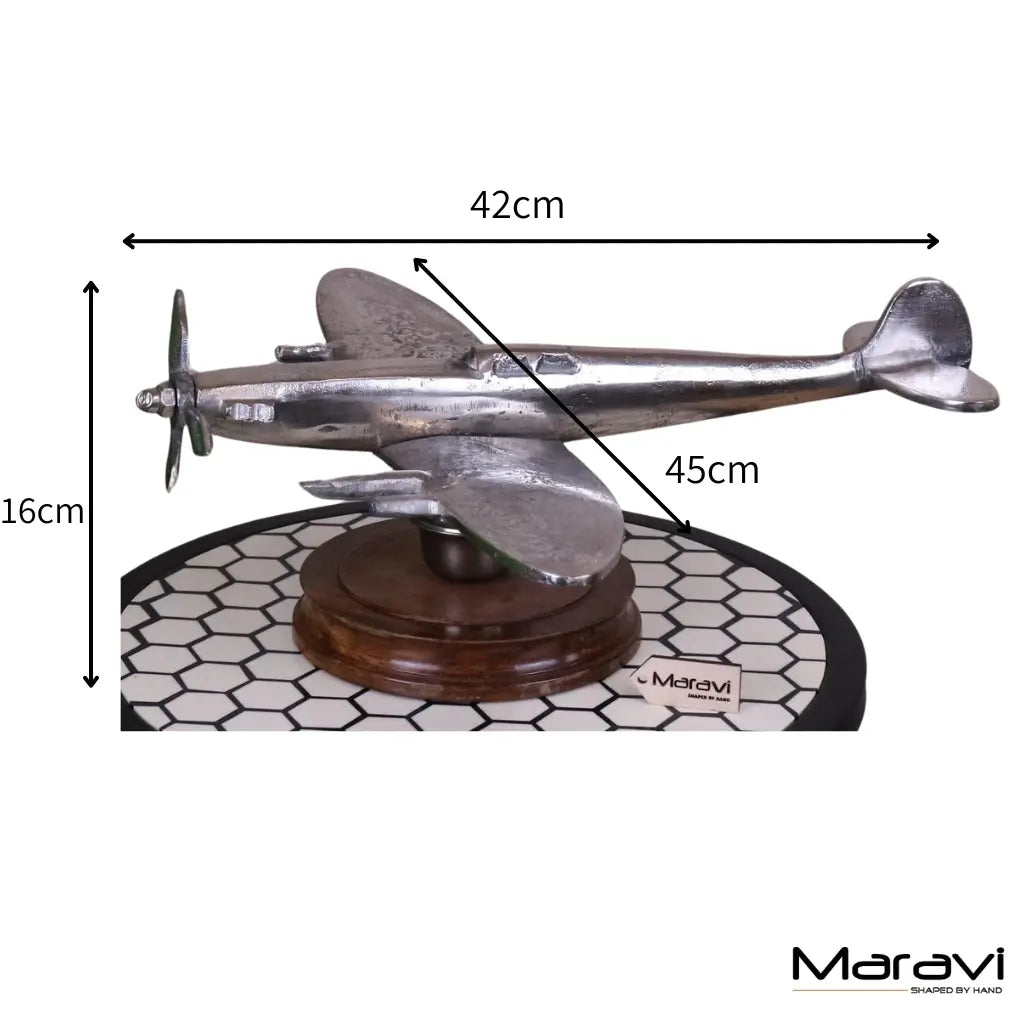 Vintage Spitfire model ornament by Maravi, metal airplane sculpture on wooden base, detailed aircraft display for collectors.