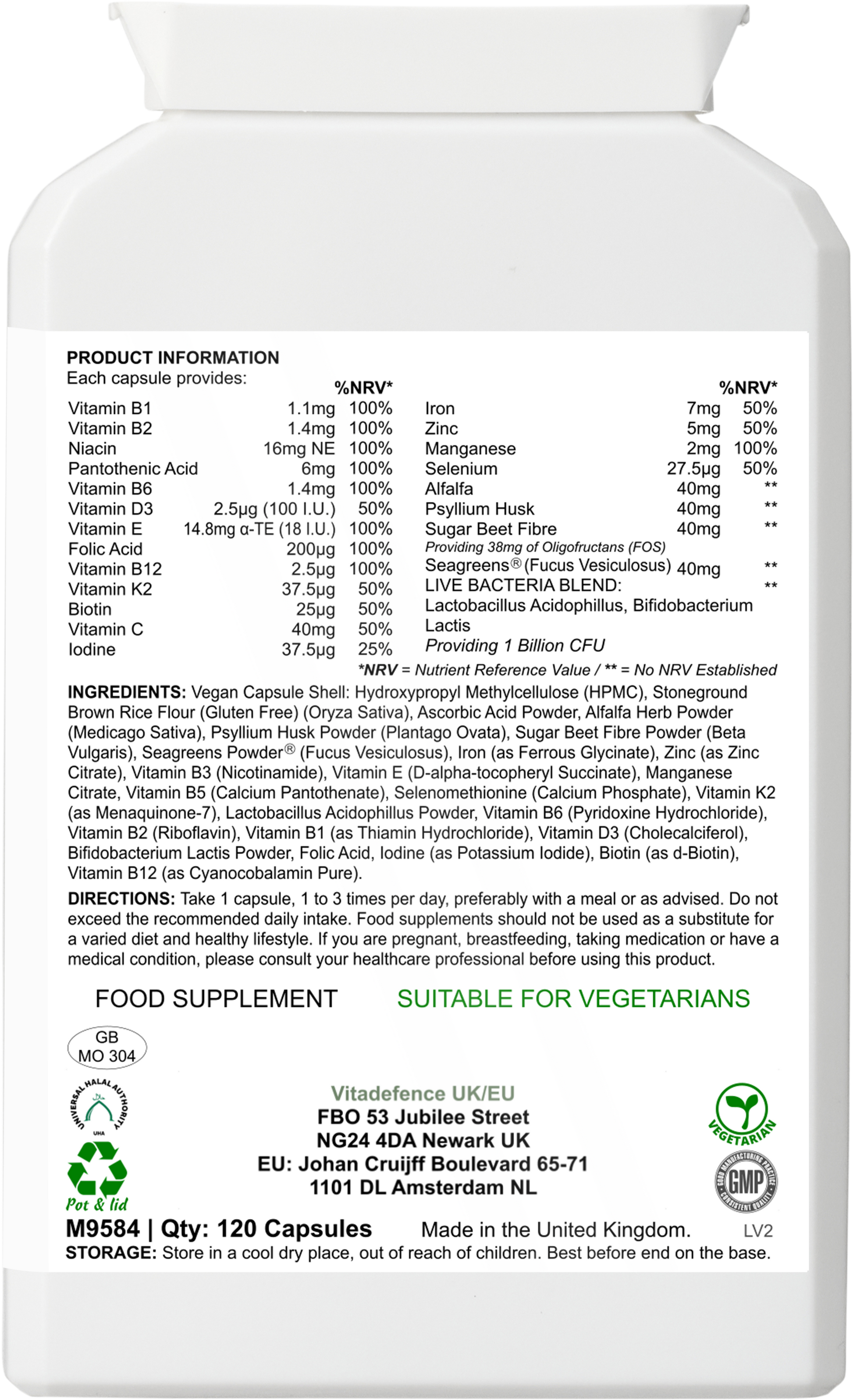 Vitadefence Multi Vitamins food supplement with botanicals, minerals, and live cultures in a 120-capsule bottle for immune and energy support