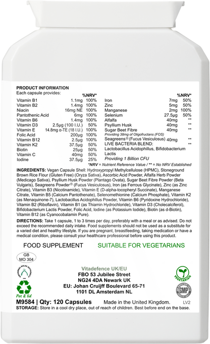 Vitadefence Multi Vitamins food supplement with botanicals, minerals, and live cultures in a 120-capsule bottle for immune and energy support