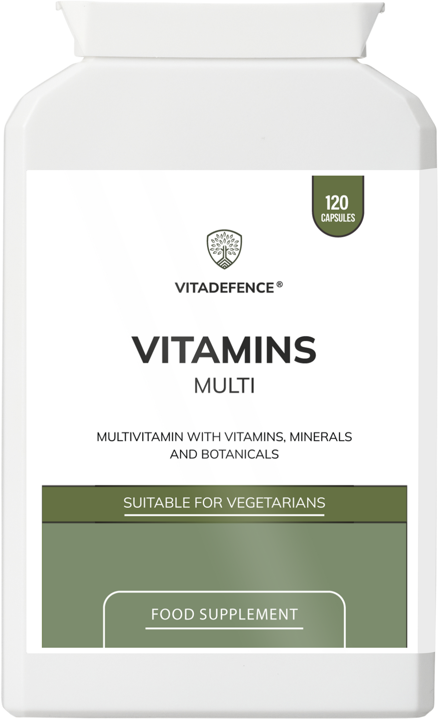 Vitadefence Multi Vitamins food supplement bottle with capsules, supporting immune and energy health with botanicals and minerals