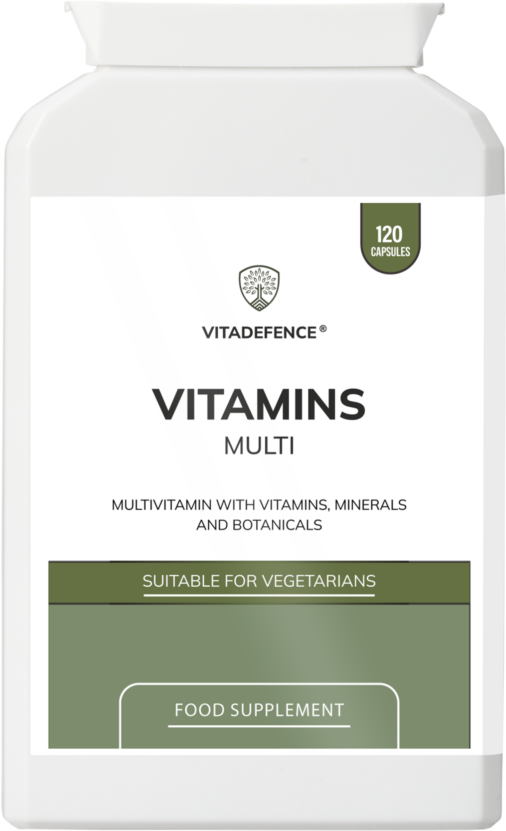Vitadefence Multi Vitamins food supplement bottle with capsules, supporting immune and energy health with botanicals and minerals