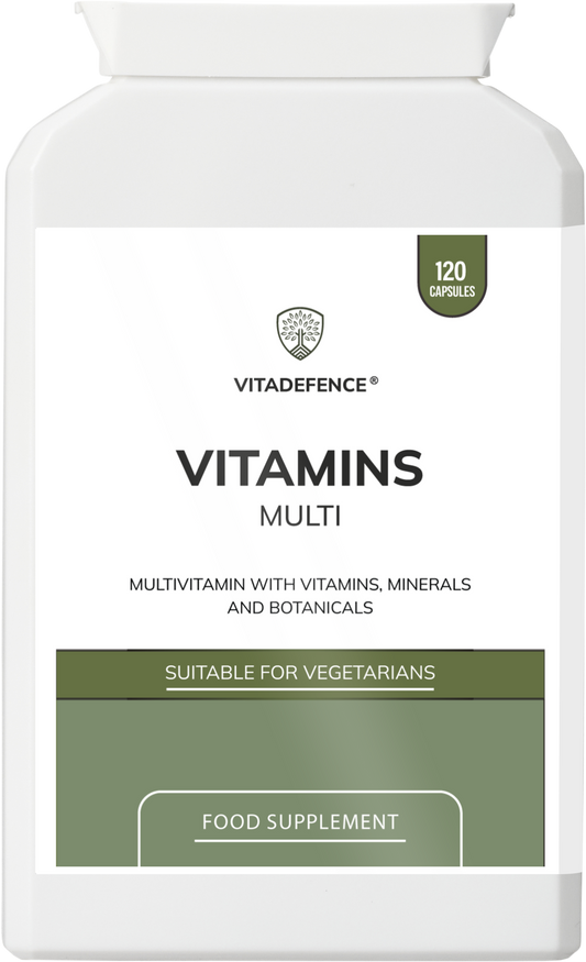 Vitadefence Multi Vitamins food supplement bottle with capsules, supporting immune and energy health with botanicals and minerals