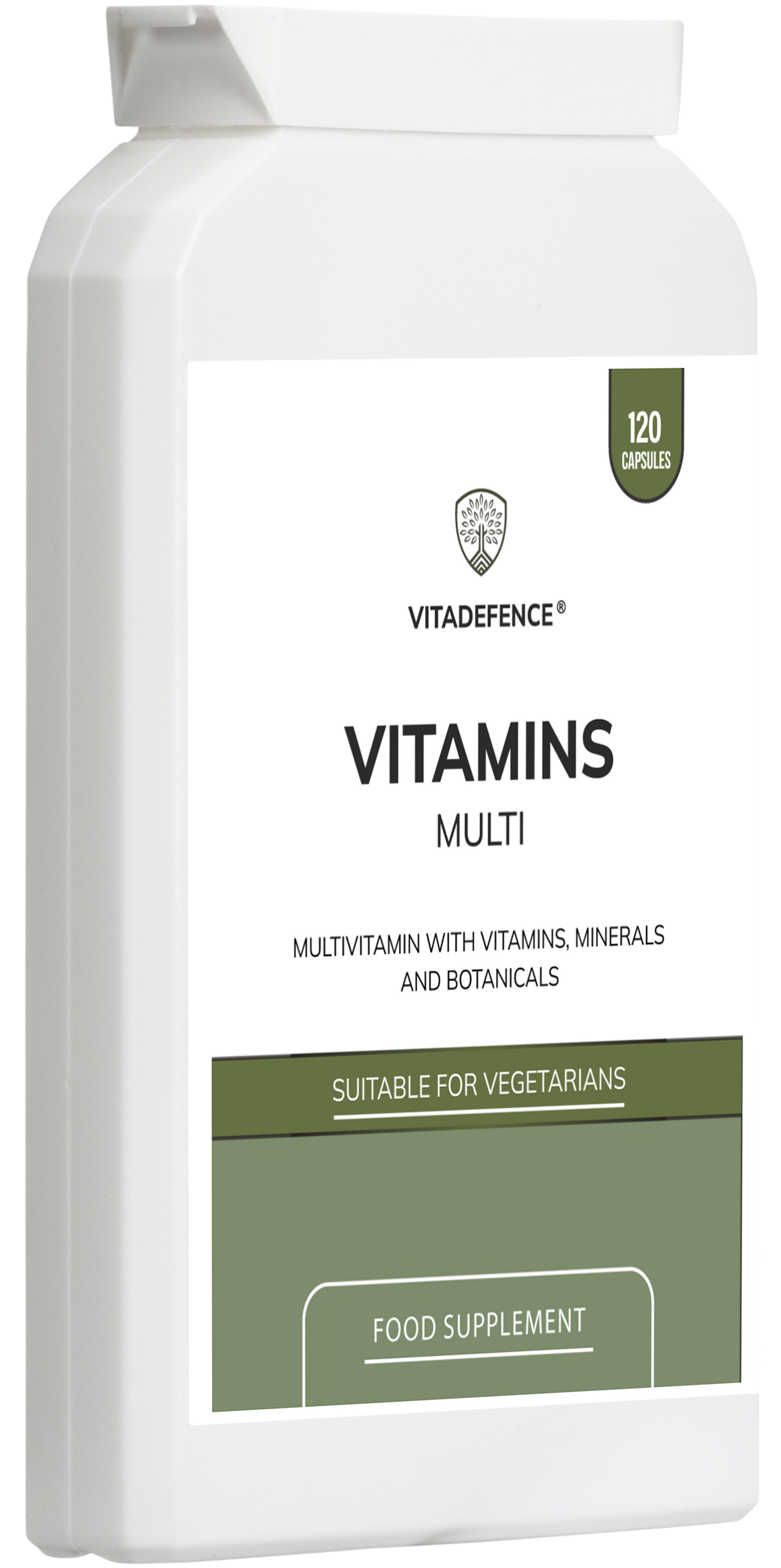 Vitadefence Multi Vitamins food supplement box with capsules, featuring botanicals, minerals, and live cultures for immune and energy support
