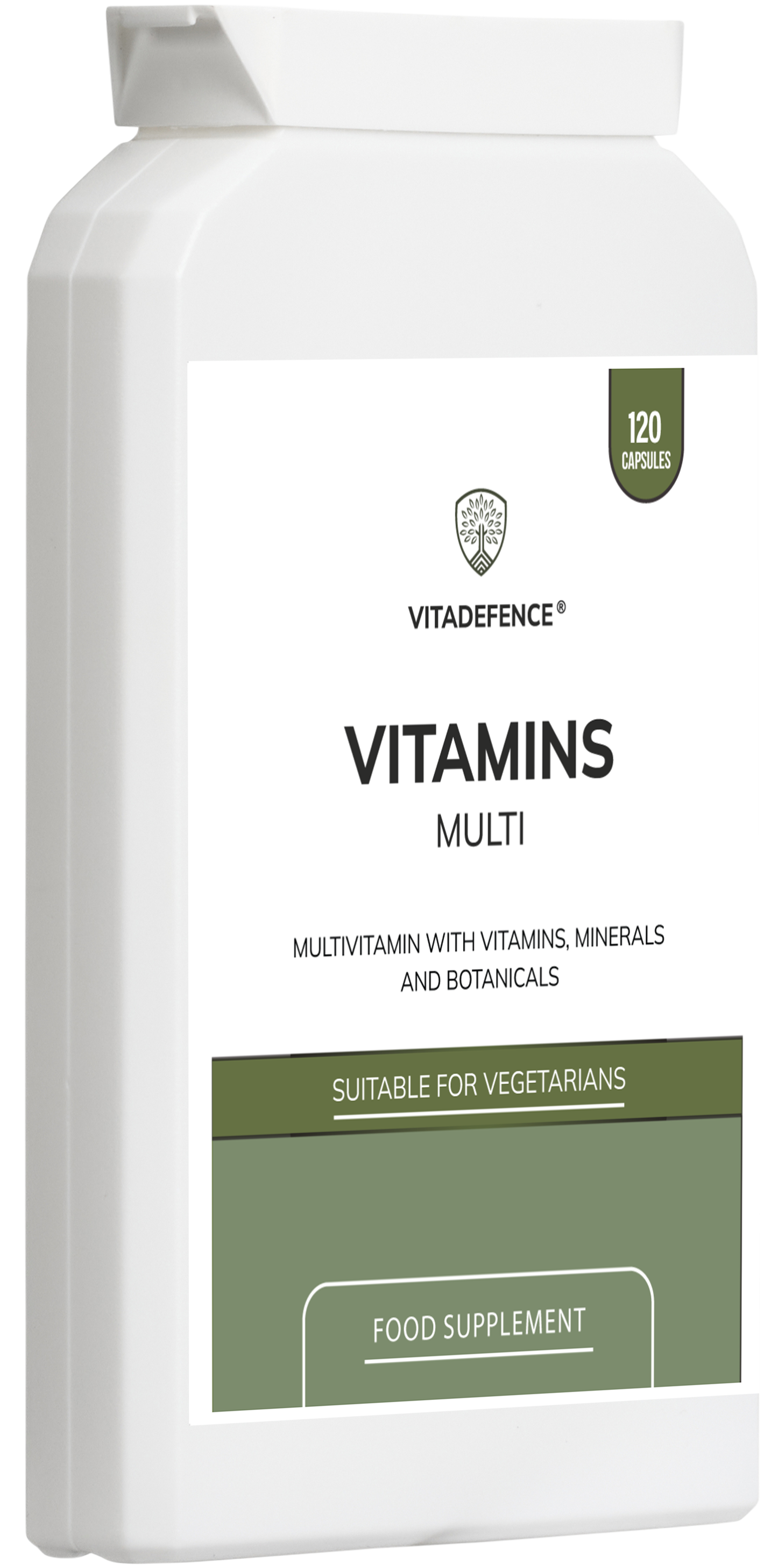Vitadefence Multi Vitamins food supplement box with capsules, featuring botanicals, minerals, and live cultures for immune and energy support