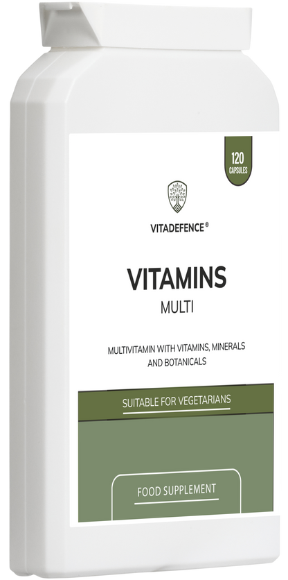 Vitadefence Multi Vitamins food supplement box with capsules, featuring botanicals, minerals, and live cultures for immune and energy support
