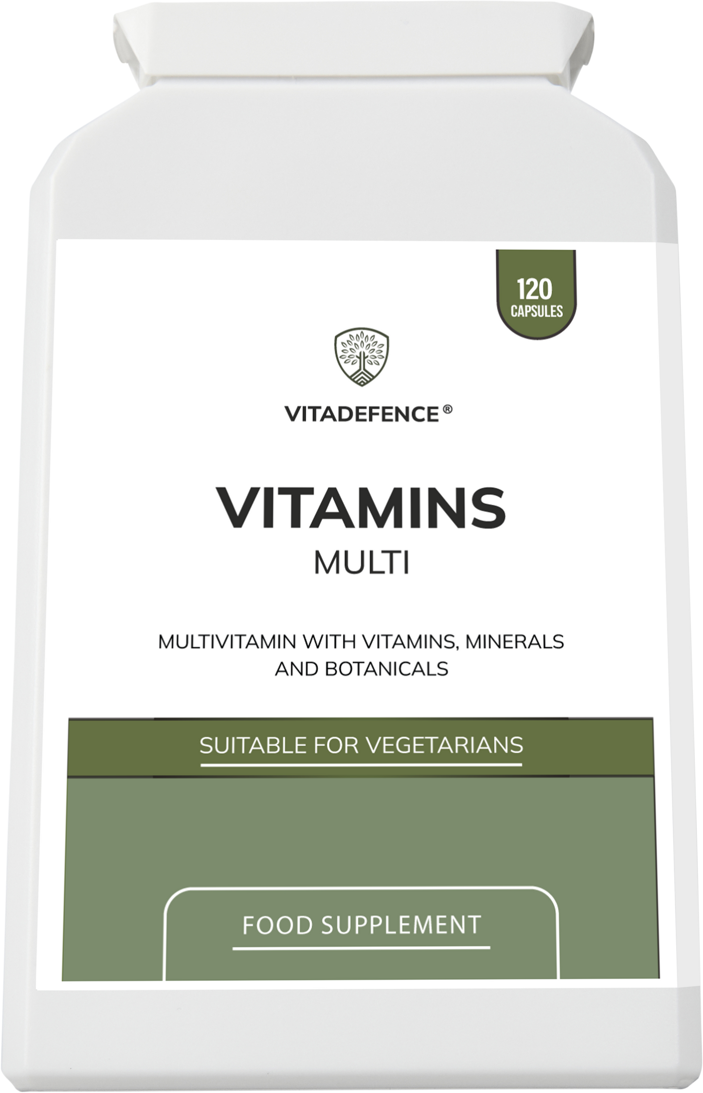 Vitadefence multi vitamins with botanicals, minerals, and live cultures in a 120-capsule food supplement bottle.