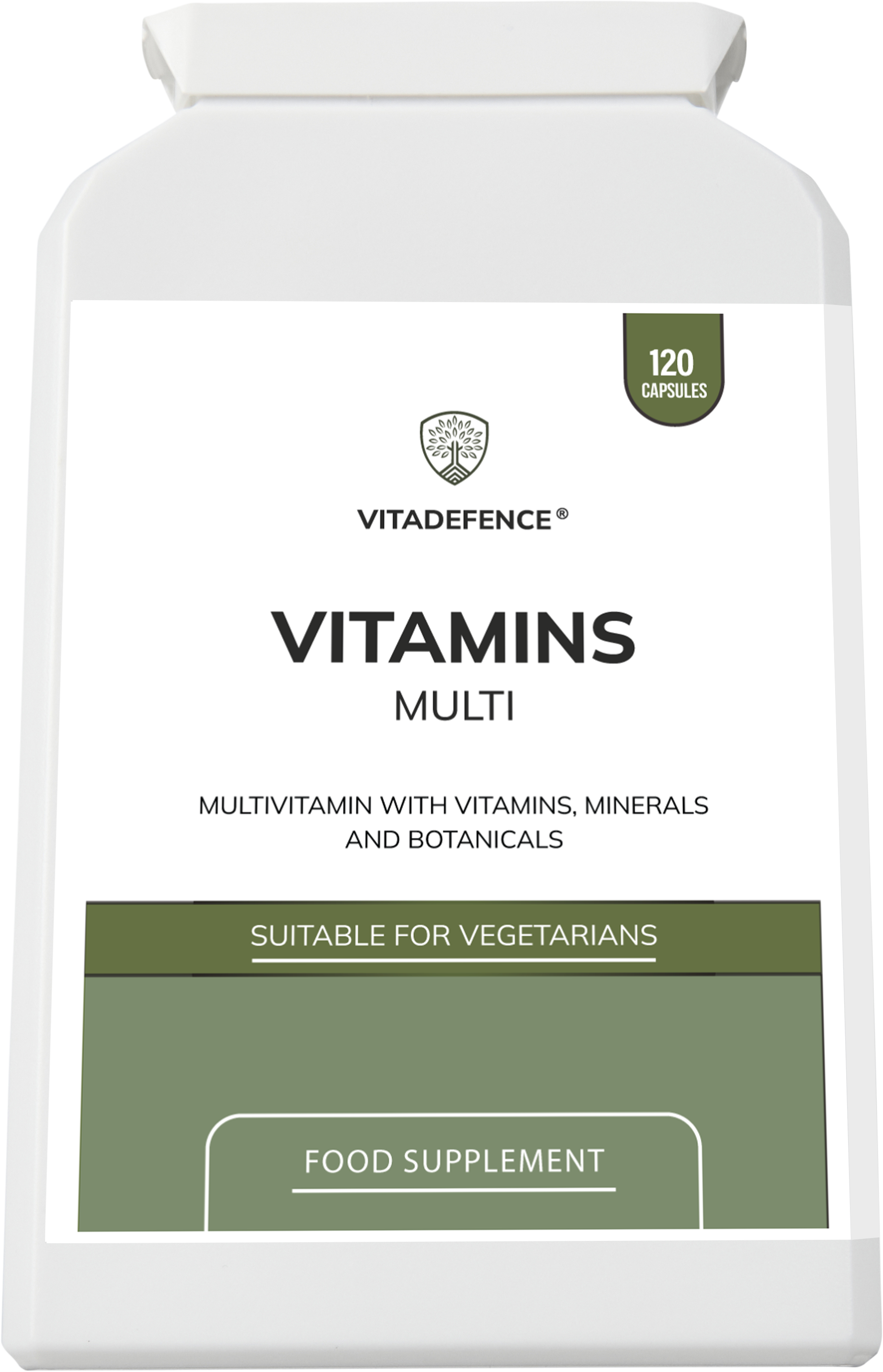 Vitadefence multi vitamins with botanicals, minerals, and live cultures in a 120-capsule food supplement bottle.