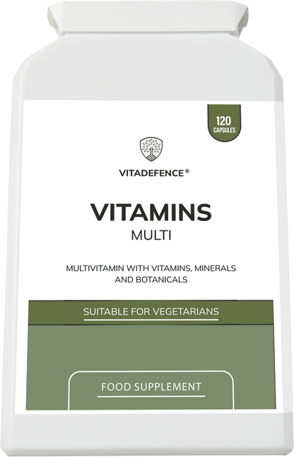 Vitadefence multi vitamins with botanicals, minerals, and live cultures in a 120-capsule food supplement bottle.