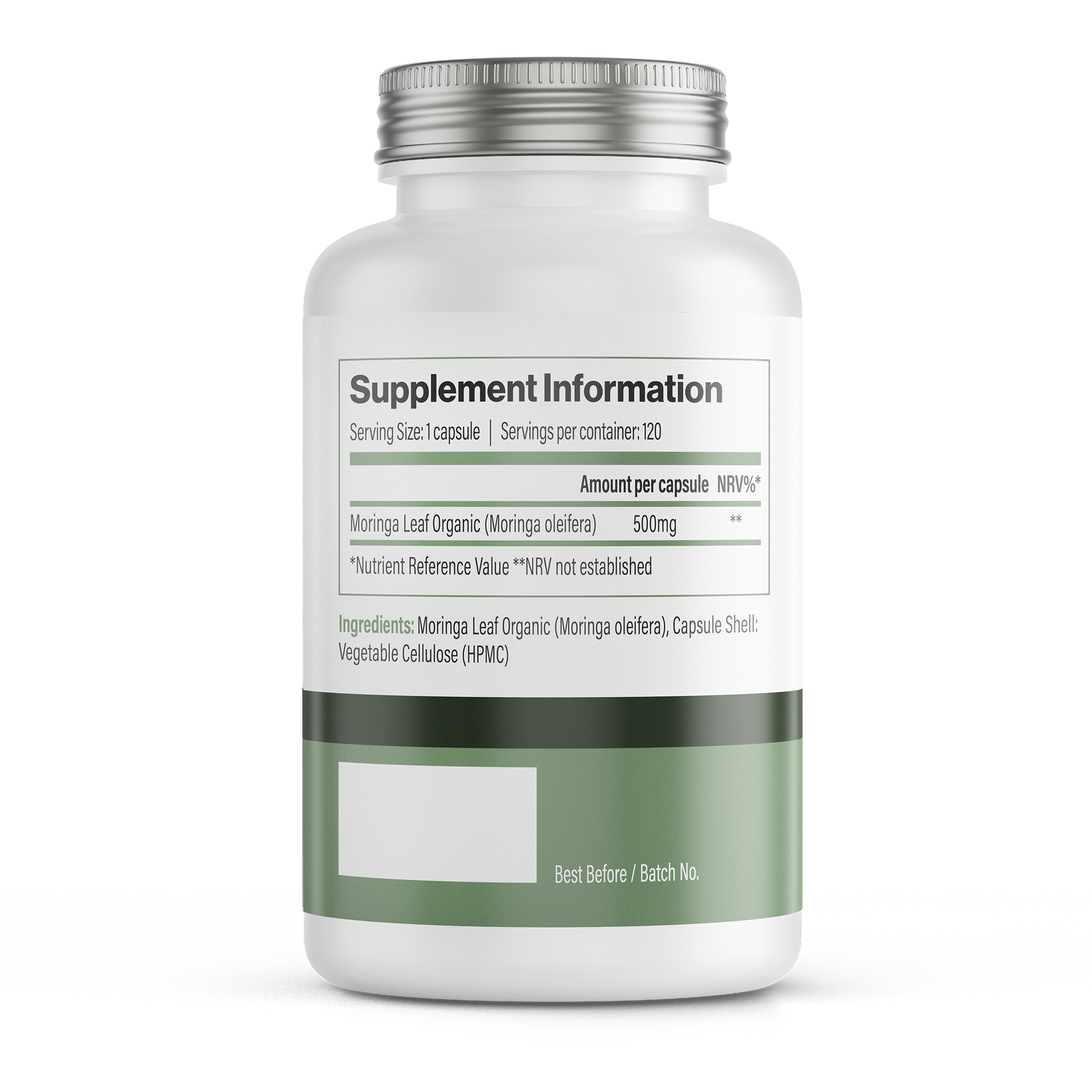 VitaDefence Moringa Oleifera vegan capsules, 500 mg, 120 count, shown in 3D rendering from back left angle.