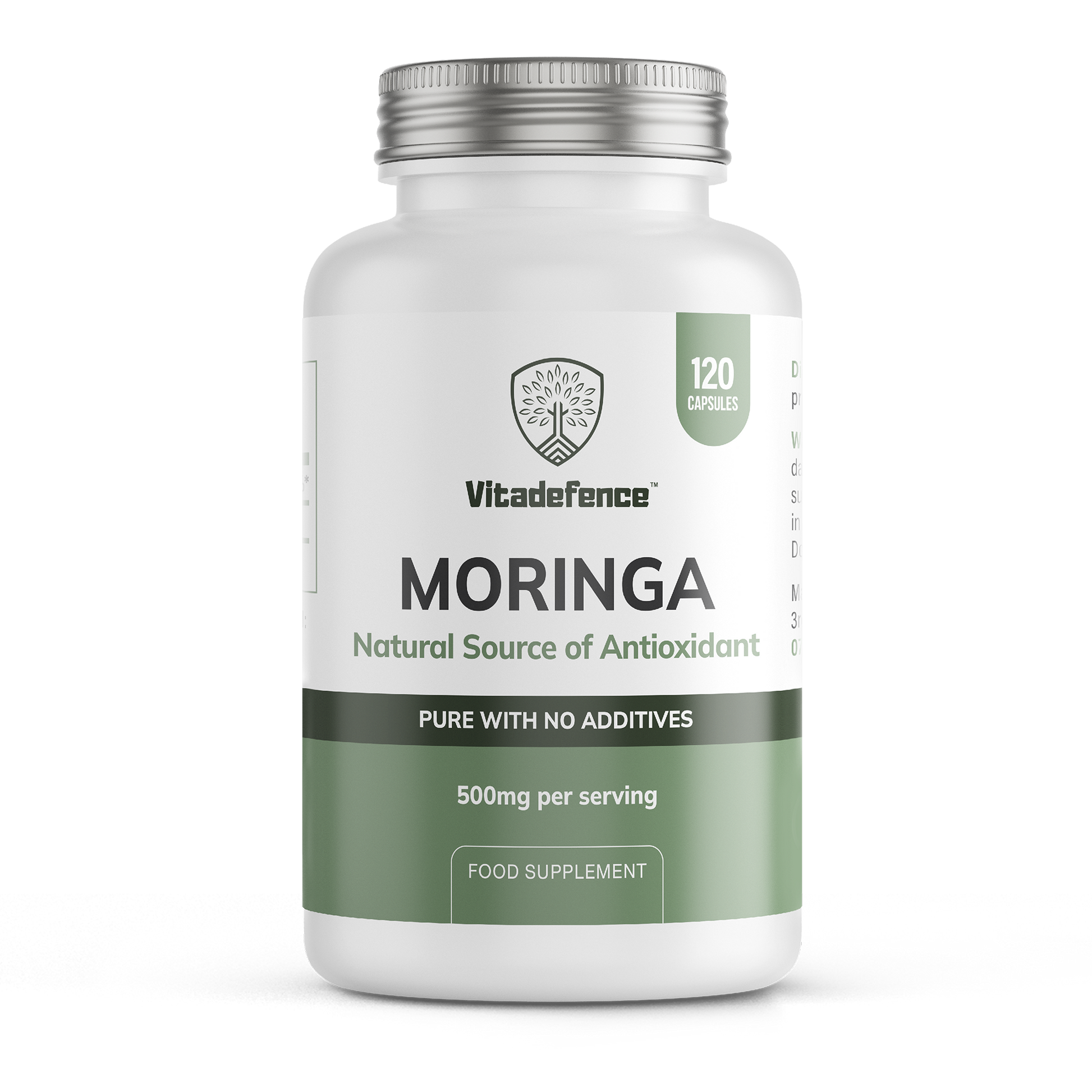 Vitadafence Moringa Oleifera vegan capsules, 500 mg, 120 count, front view of supplement bottle with label and capsules