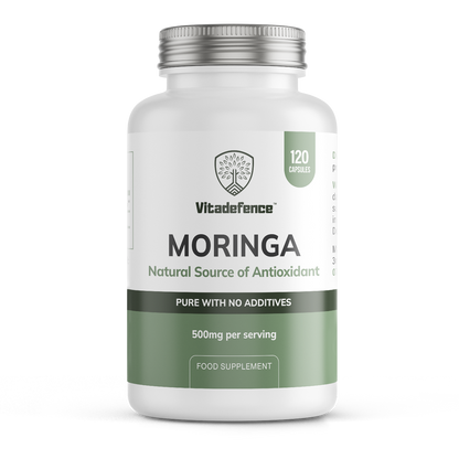 Vitadafence Moringa Oleifera vegan capsules, 500 mg, 120 count, front view of supplement bottle with label and capsules