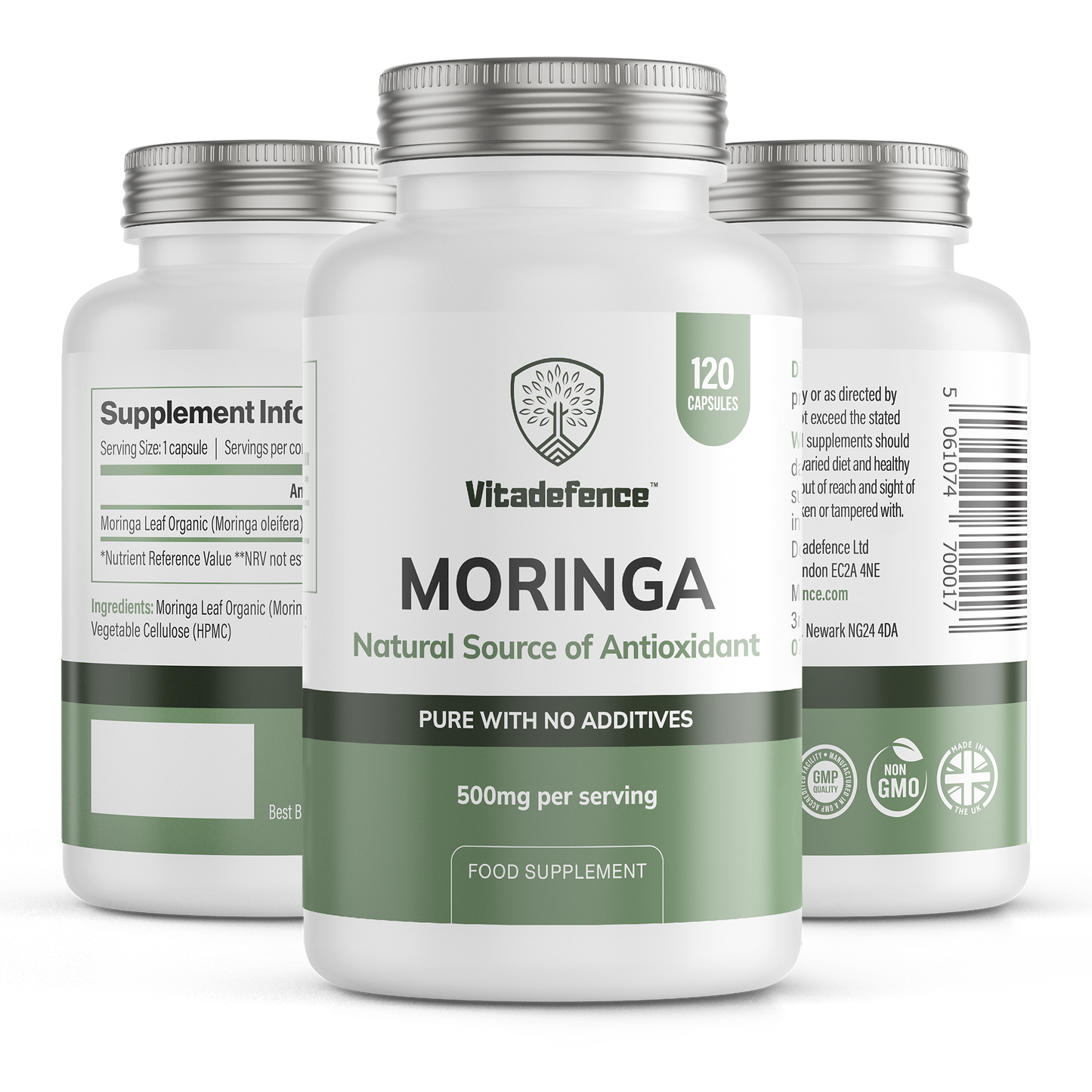 VitaDefence Moringa Oleifera vegan capsules in a bottle, front and back view, 120 count, dietary food supplement.