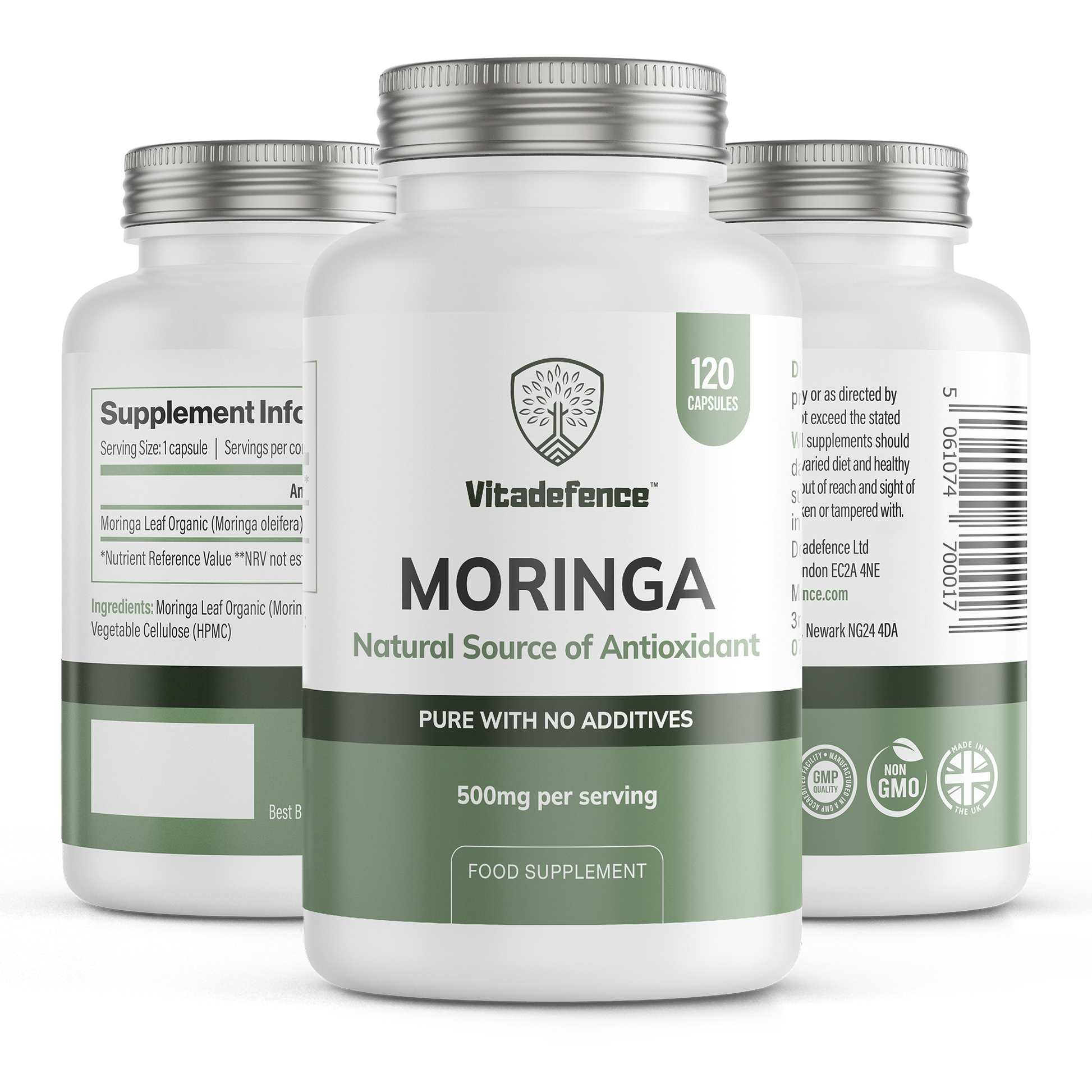 VitaDefence Moringa Oleifera vegan capsules in a bottle, front and back view, 120 count, dietary food supplement.