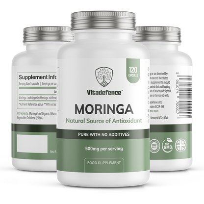 VitaDefence Moringa Oleifera vegan capsules in a bottle, front and back view, 120 count, dietary food supplement.