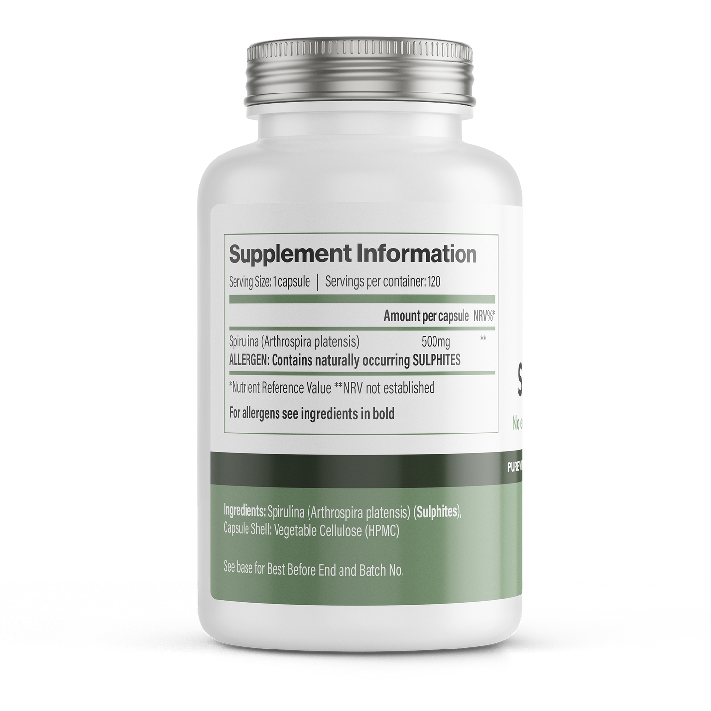 VitaDefence spirulina vegan capsules, 500 mg, 120 count, dietary supplement bottle with green capsules on a white background.