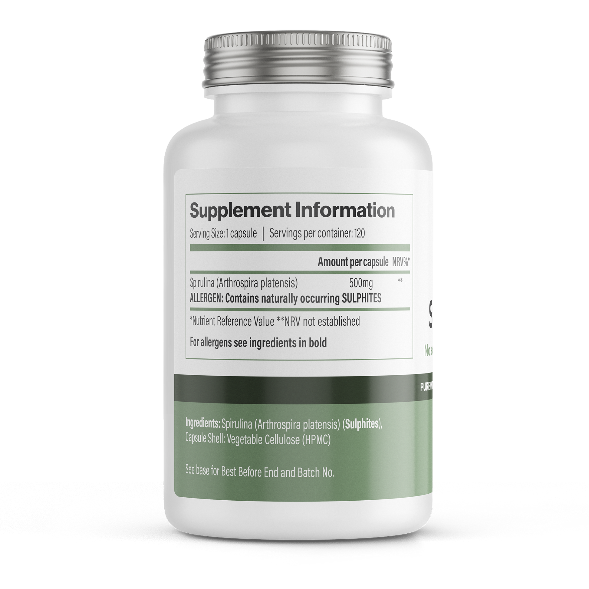 VitaDefence spirulina vegan capsules, 500 mg, 120 count, dietary supplement bottle with green capsules on a white background.