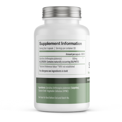 VitaDefence spirulina vegan capsules, 500 mg, 120 count, dietary supplement bottle with green capsules on a white background.