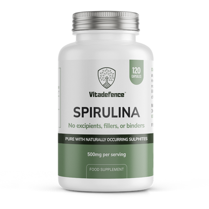 VitaDefence spirulina vegan capsules, 500 mg, 120 count, dietary food supplement with green capsule packaging showing front view