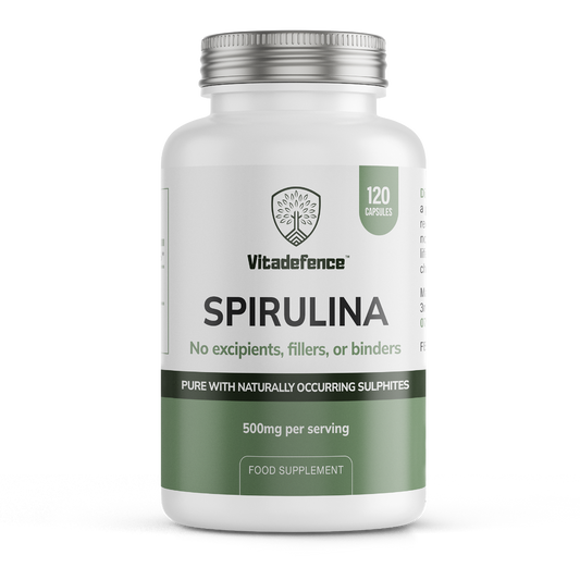 VitaDefence spirulina vegan capsules, 500 mg, 120 count, dietary food supplement with green capsule packaging showing front view