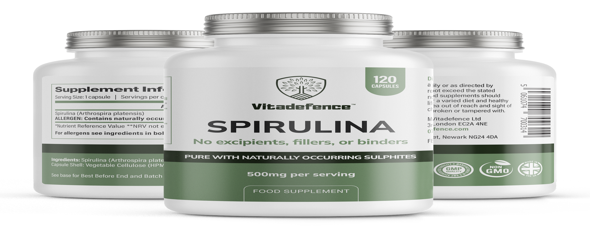 VitaDefence spirulina vegan capsules, 500mg food supplement bottle with 120 capsules, front and back view.
