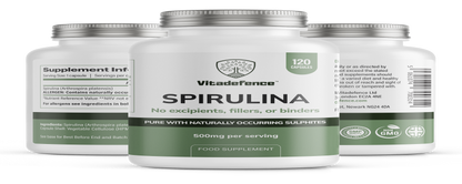 VitaDefence spirulina vegan capsules, 500mg food supplement bottle with 120 capsules, front and back view.