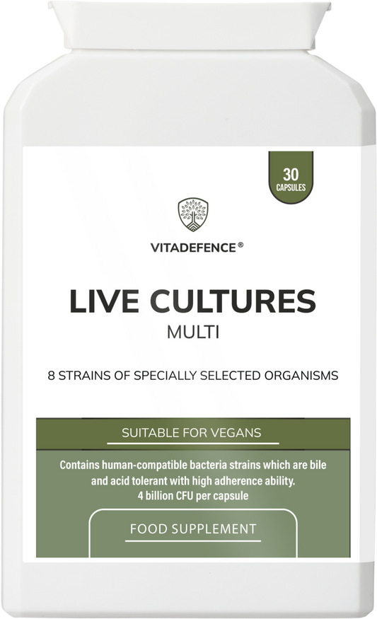 Bottle of Vitadefence Live Cultures Multi food supplement with 8 strains and 4 billion CFU in 30 capsules.