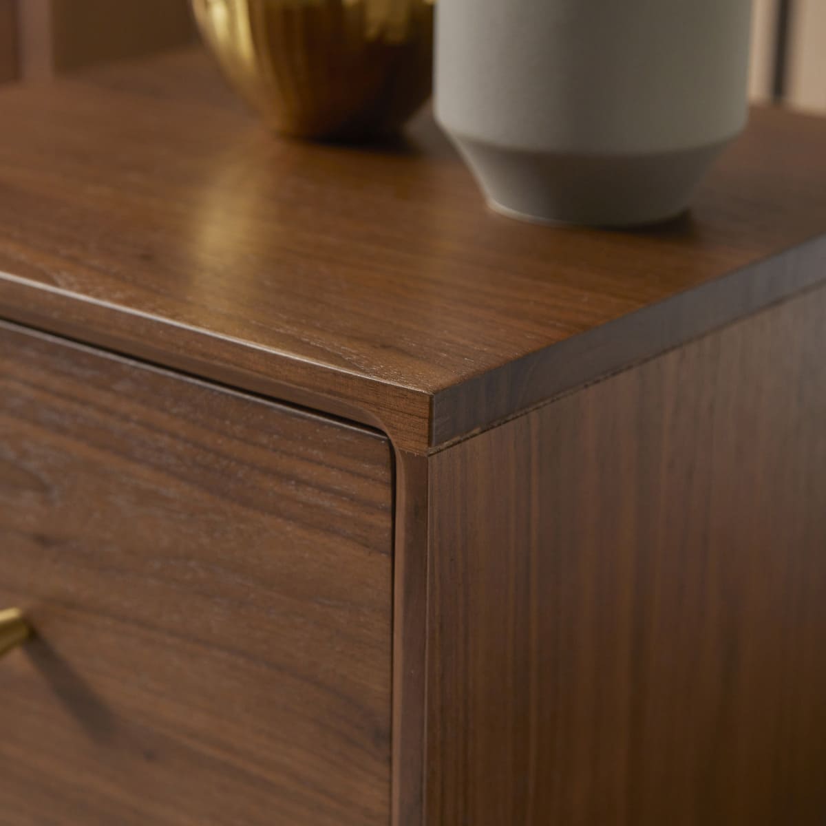 Fishe and Lilly Wright Narrow Walnut Bedside Table with a sleek design, featuring a smooth wooden surface and compact storage drawer.