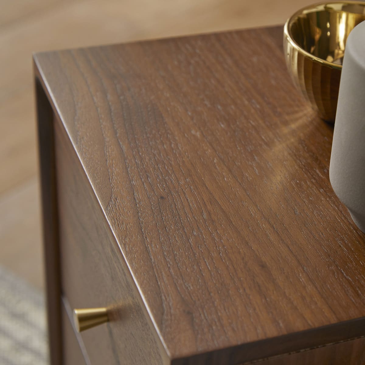 Fishe and Lilly Wright Narrow Walnut Bedside Table with a sleek design and compact size, showing smooth wood finish and modern style.