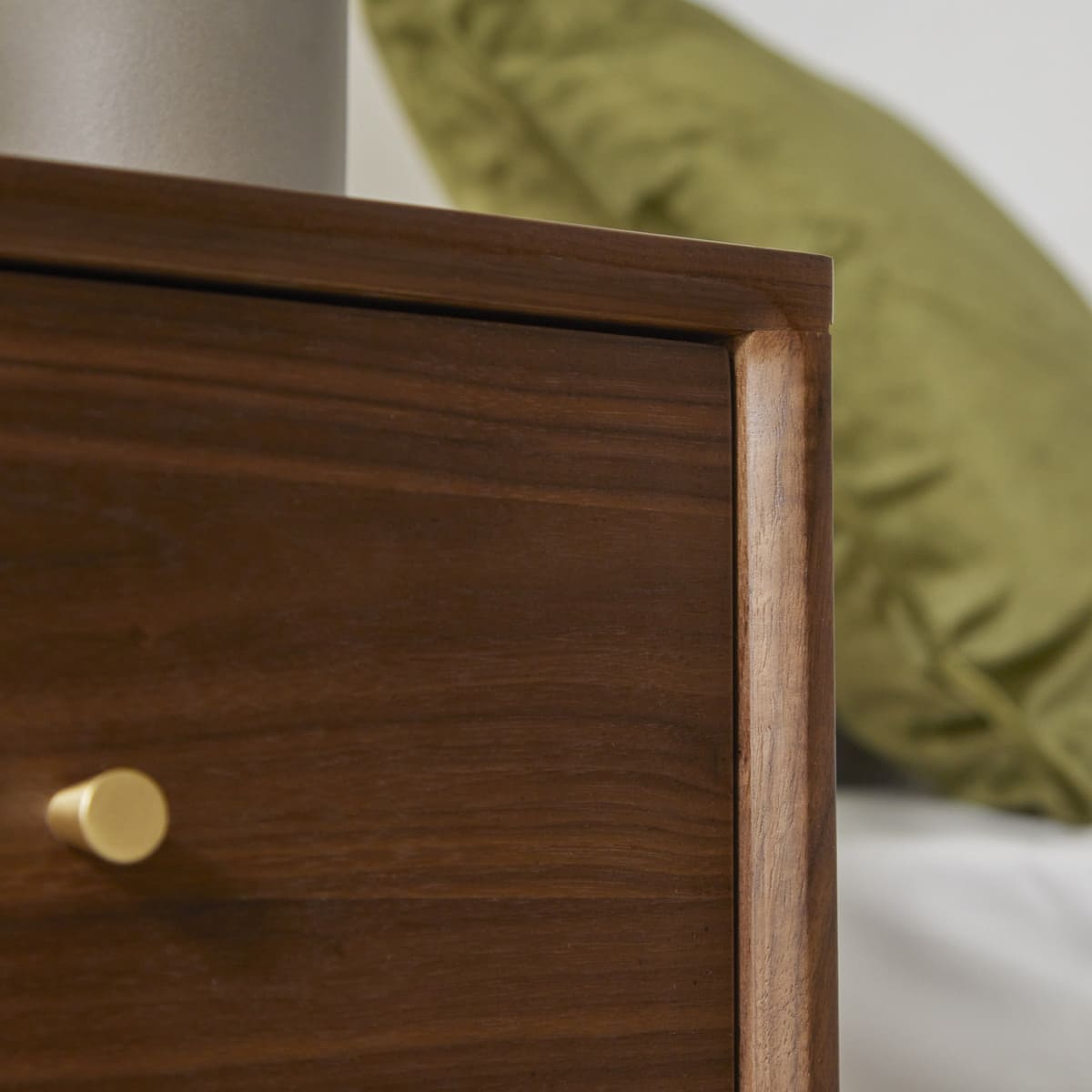 Fishe and Lilly Wright Narrow Walnut Bedside Table with sleek design and compact size, featuring a smooth walnut finish and minimalist style.