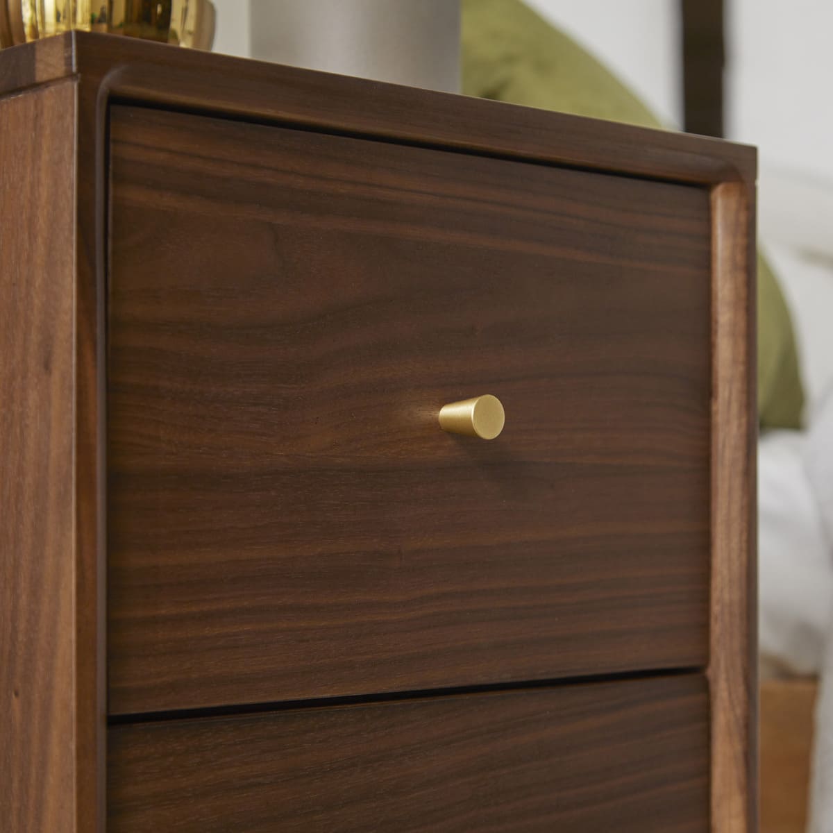 Fishe and Lilly Wright Narrow Walnut Bedside Table with sleek design and compact size, perfect for modern bedroom decor.