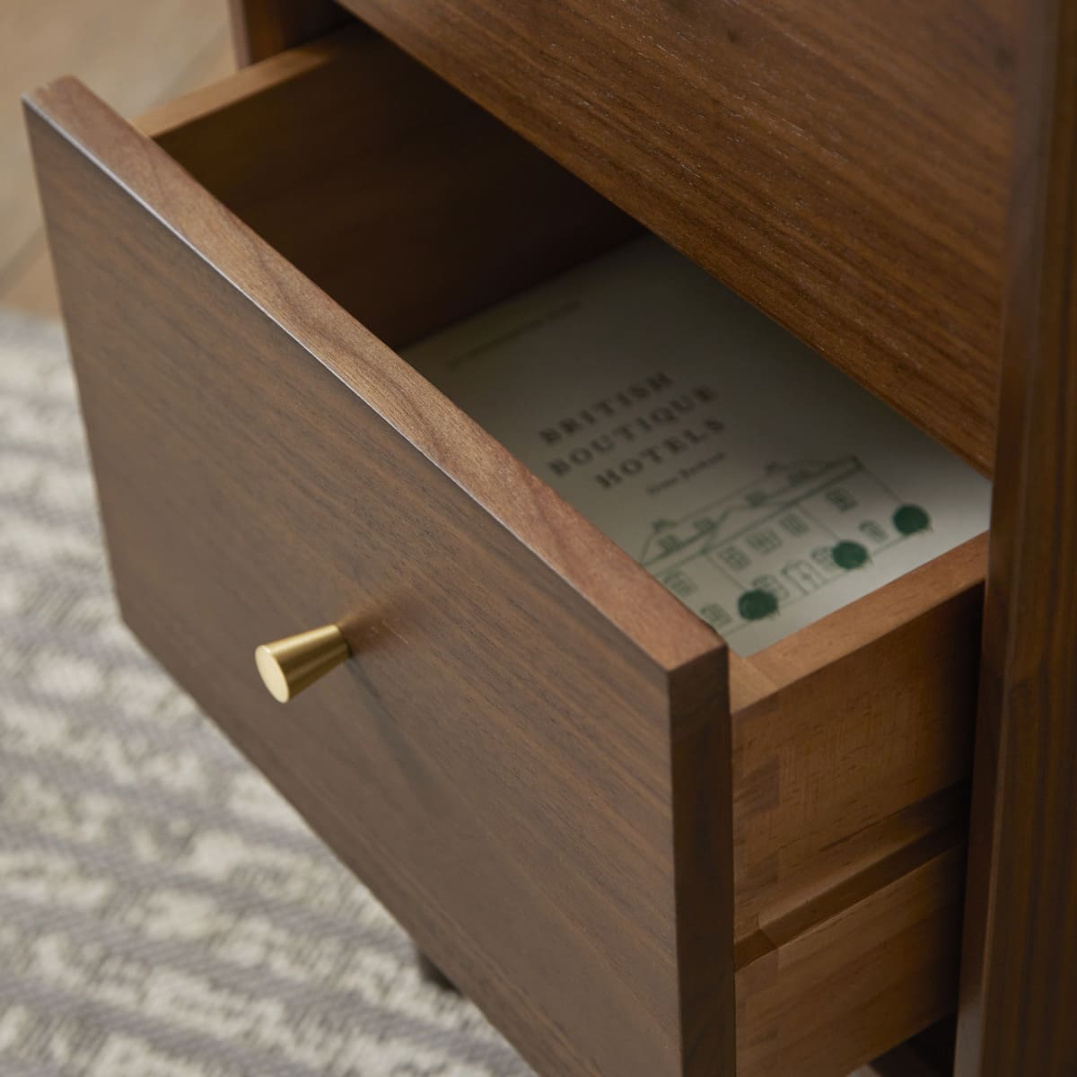 Fishe and Lilly Wright Narrow Walnut Bedside Table with sleek design and compact size, featuring a smooth walnut finish.