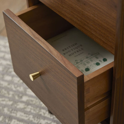 Fishe and Lilly Wright Narrow Walnut Bedside Table with sleek design and compact size, featuring a smooth walnut finish.