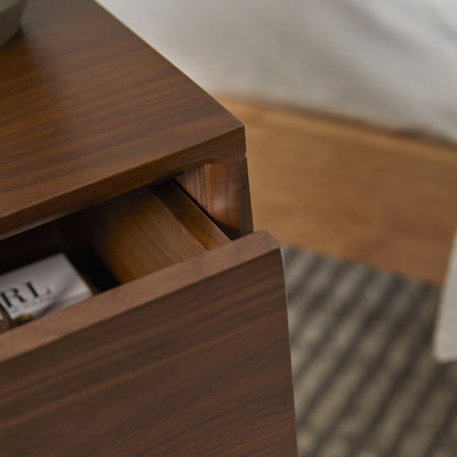 Fishe and Lilly Wright Narrow Walnut Bedside Table with a sleek design and compact storage space.