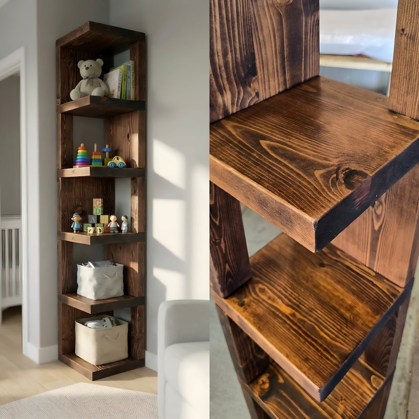 Walnut Valora solid wood corner bookshelf by Tribe Joinery featuring rustic open design and multiple shelves for storage.