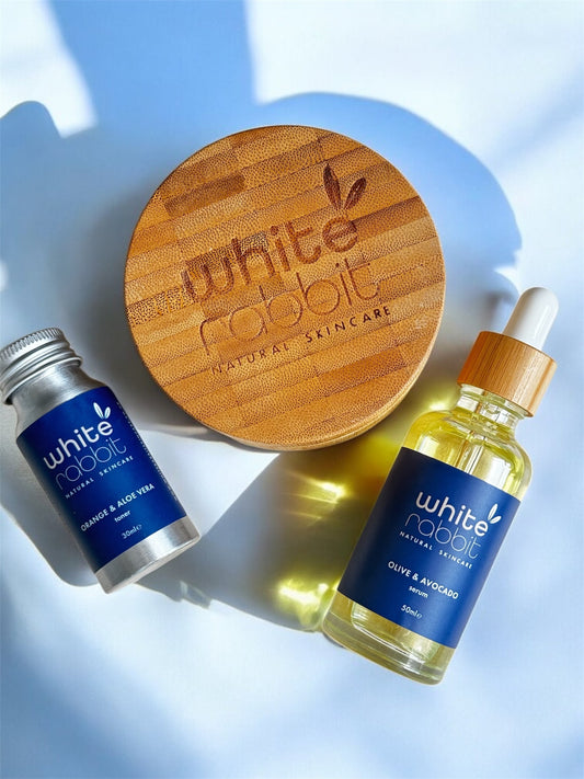 White Rabbit Skin Care limited edition skincare bundle with natural, vegan, cruelty-free products in white packaging.