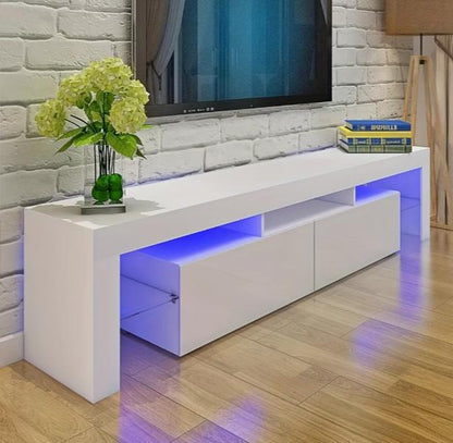 White high-gloss TV stand with blue RGB LED lighting, 2 drawers, and open storage for 32-65 inch TVs by DEPOT