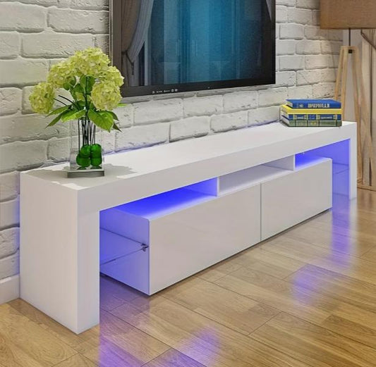 White high-gloss TV stand with blue RGB LED lighting, 2 drawers, and open storage for 32-65 inch TVs by DEPOT