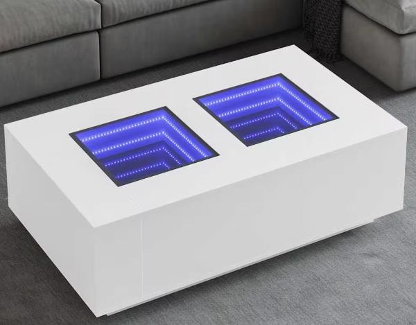 White coffee table with blue LED lights, modern design, perfect for a stylish and clean living room setting.