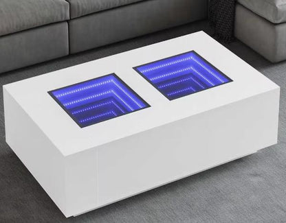 White coffee table with blue LED lights, modern design, perfect for a stylish and clean living room setting.
